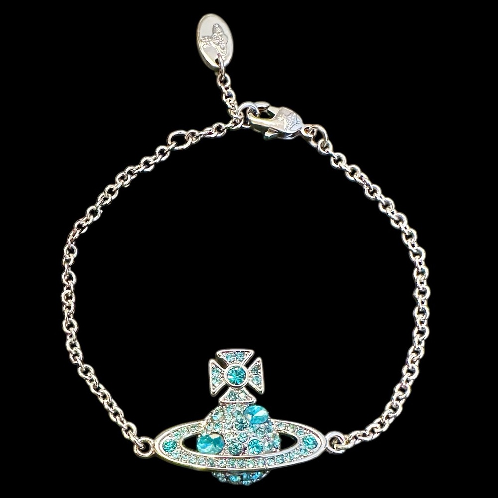 New Vivienne Westwood Mini Bas Relief Silver Chain Bracelet with blue crystals
